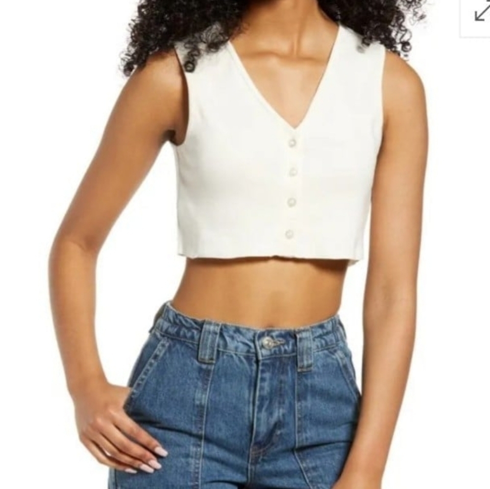 BDG URBAN OUTFITTERS Lexi Crop Button-Up Tank - White S
